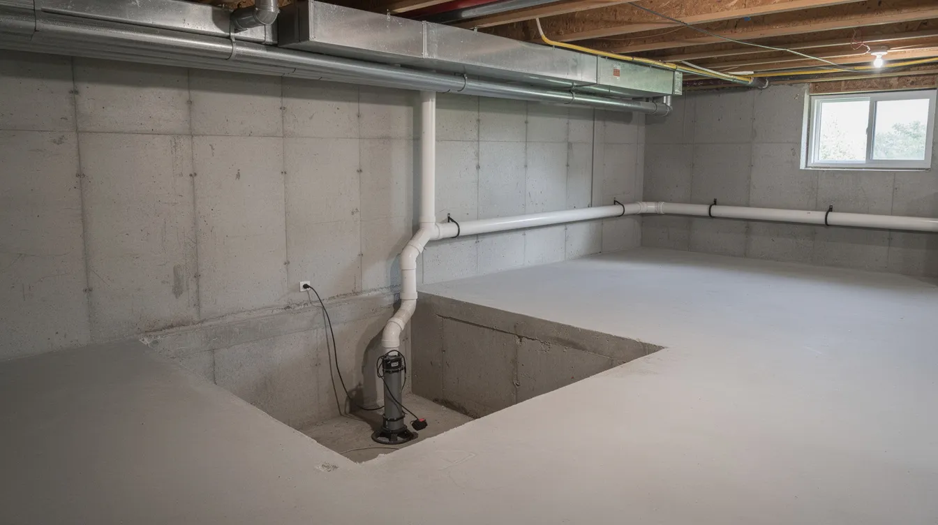 The image shows a sump pump installed in a concrete pit within an unfinished basement, featuring a discharge pipe that leads away from the unit to manage excess water. This properly functioning sump pump system is essential for preventing flooding and protecting the home from water damage.