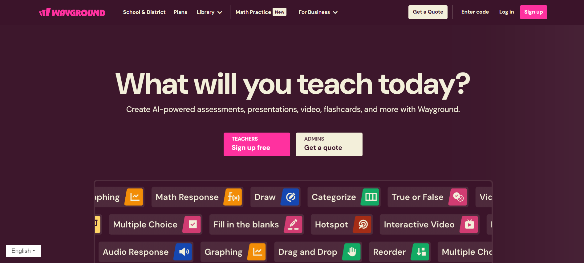 Wayground homepage featuring an AI-powered assessment platform with interactive question types, digital learning tools, and resources for teachers and schools