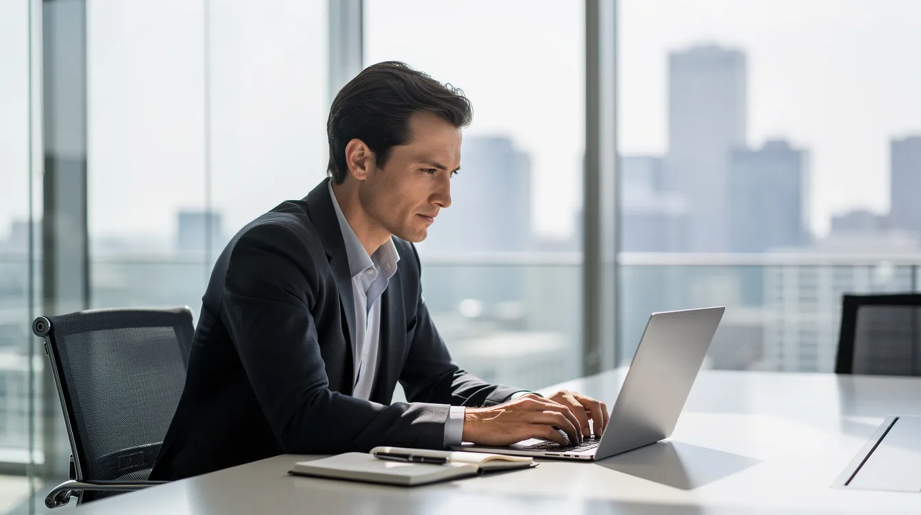 Eine Geschäftsperson sitzt in einem modernen Büro am Laptop und schaut konzentriert auf den Bildschirm, während sie möglicherweise eine Anfrage über die Allianz Trade Online Plattform bearbeitet. Der Raum ist hell und zeitgemäß eingerichtet, was eine produktive Arbeitsatmosphäre schafft.