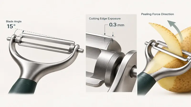 Diagram showing blade angle, cutting edge exposure, and the direction of the peeling force.