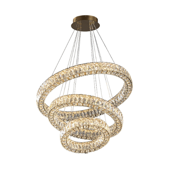 A designer chandelier design featuring multiple intertwined crystal rings suspended by sleek cables, creating a luxurious and modern statement lighting piece.