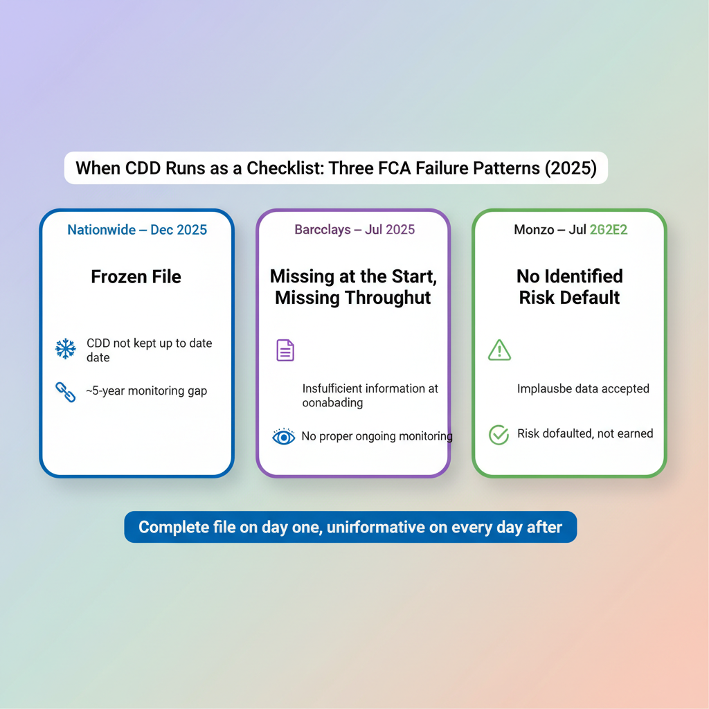 FCA 2025 enforcement patterns in customer due diligence failures at Nationwide, Barclays and Monzo: frozen files, missing information at onboarding, and "no identified risk" defaults.