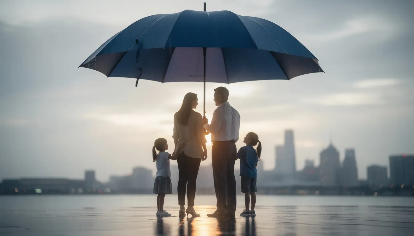 The image depicts a protective umbrella sheltering a family, symbolizing trust and protection in financial planning. This visual metaphor emphasizes the importance of understanding tax implications and the benefits of annuity contracts in a retirement plan, ensuring security for beneficiaries under various tax rules.
