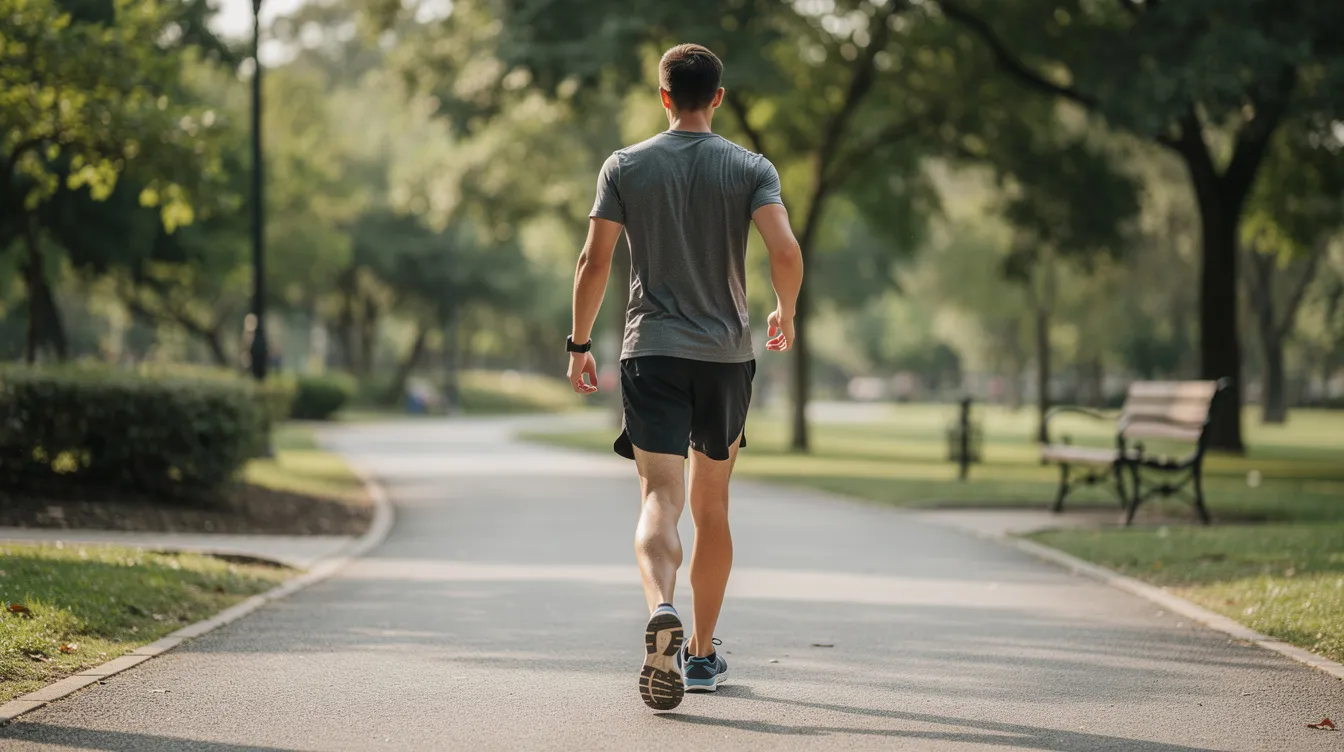 A person in athletic clothing is walking along a park path, viewed from behind, showcasing their active lifestyle and commitment to fitness. This scene reflects the journey of weight loss and the potential need for procedures like body contouring or excess skin removal to address sagging skin after significant weight loss.