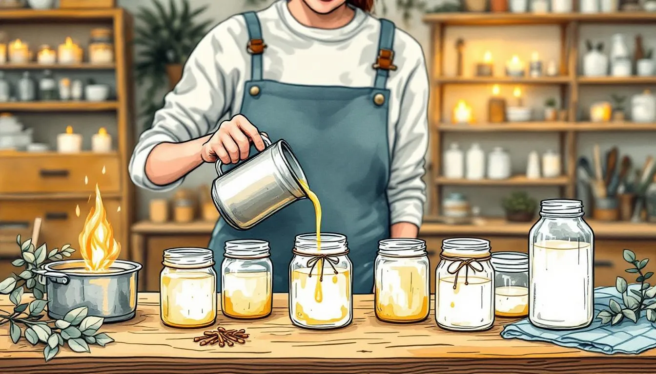 Pouring and setting candles in glass jars.