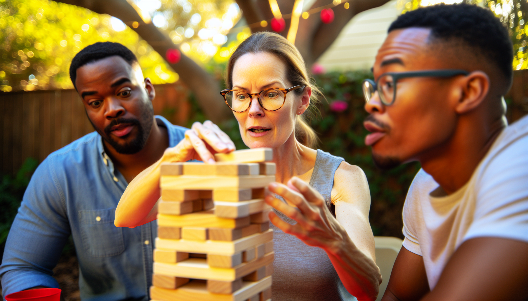 A close-up of a tense moment during a game of Giant Jenga