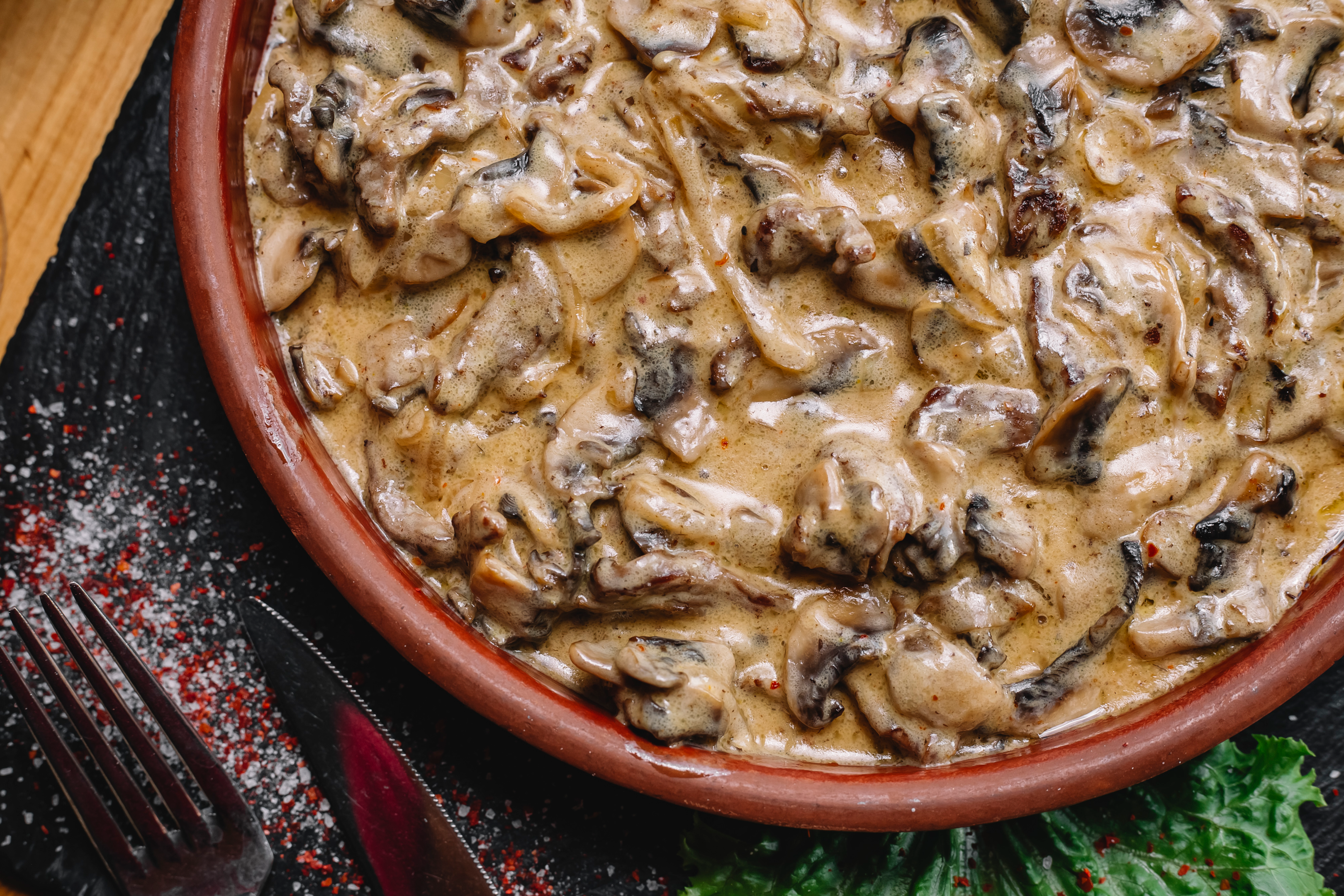 Use a mix of mushrooms for a vegetarian beef stroganoff, serve over rice, noodles or mashed potatoes.