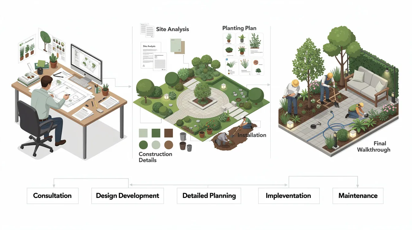 The image depicts a landscape designer working on a project, surrounded by graph paper and tracing paper, as they sketch out landscape design ideas for an outdoor space. Various landscape plants, including trees, shrubs, and flowers, are arranged nearby, showcasing elements of softscape and hardscape that will enhance the overall garden design.
