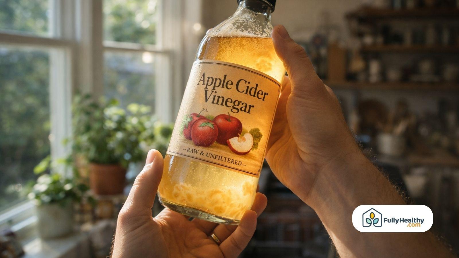 Hand holding apple cider vinegar bottle showing sediment in natural light