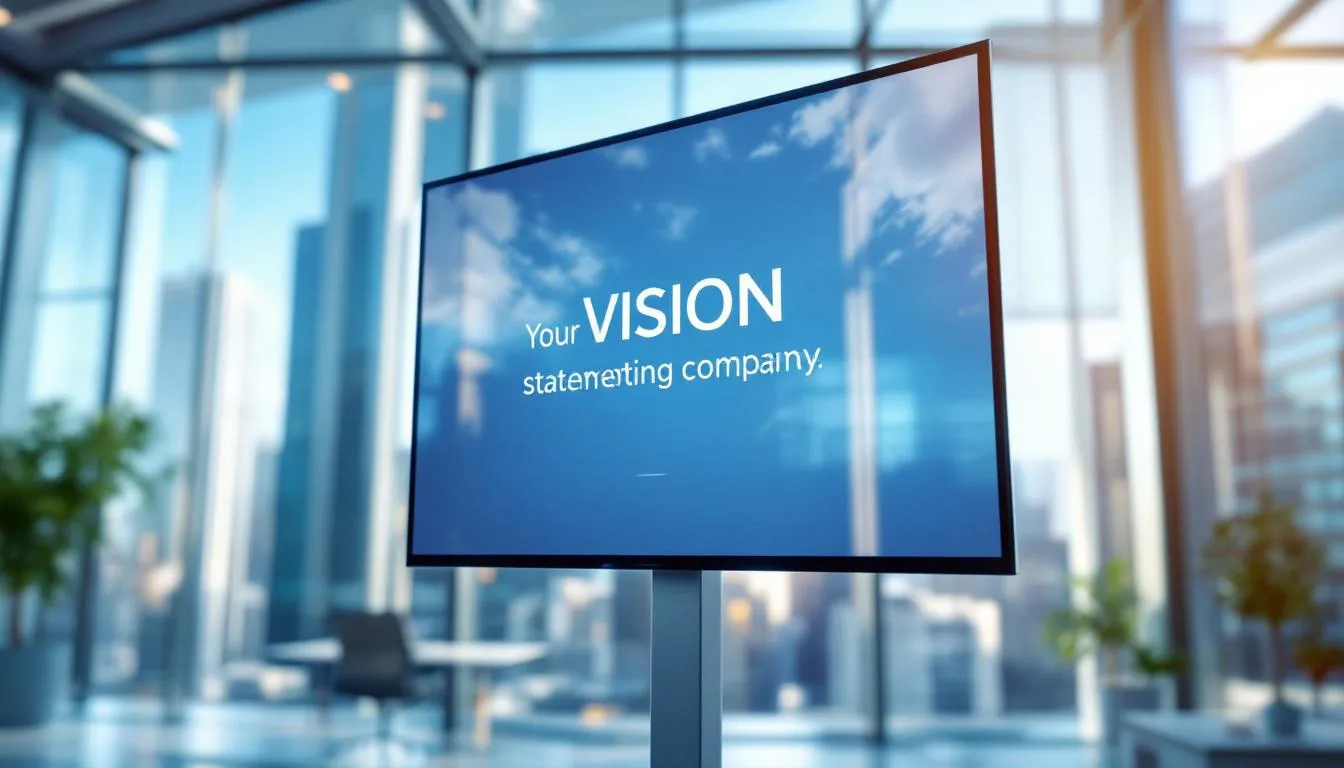 In der Abbildung ist ein Bildschirm zu sehen, der eine Unternehmensvision präsentiert, umgeben von Menschen, die aufmerksam zuhören. Die Darstellung symbolisiert die Bedeutung von Vision und Mission in der Unternehmensführung und zeigt die Richtung auf, in die das Unternehmen strebt.