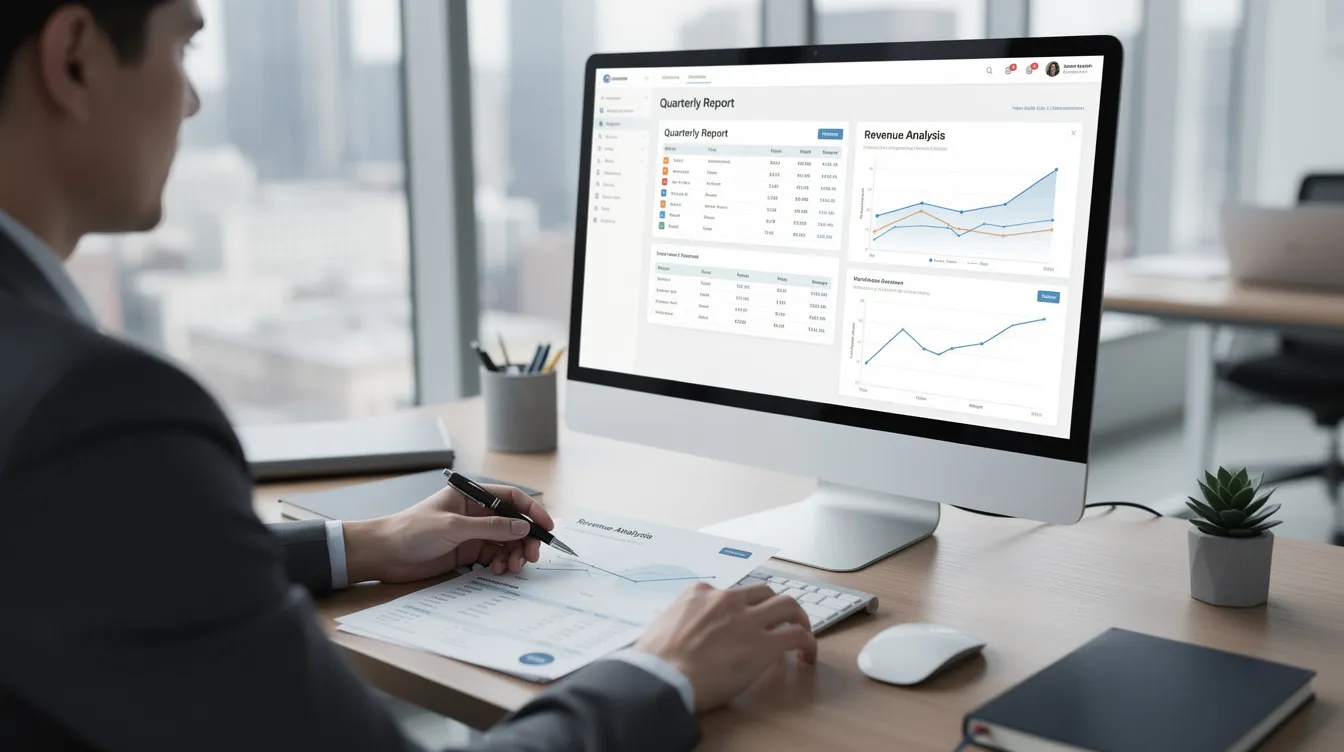 Business professional reviewing quarterly report and revenue analysis on computer screen in modern office setting.