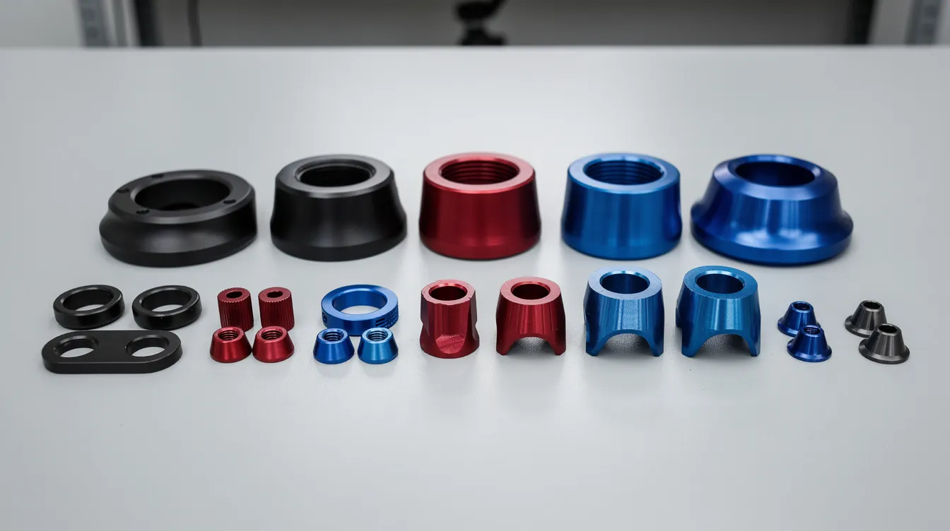 The image features a collection of anodized aluminum parts in striking black, red, and blue colors, elegantly arranged on a table. These cnc machined aluminum parts showcase excellent corrosion resistance and are suitable for various applications, including aerospace and automotive industries.