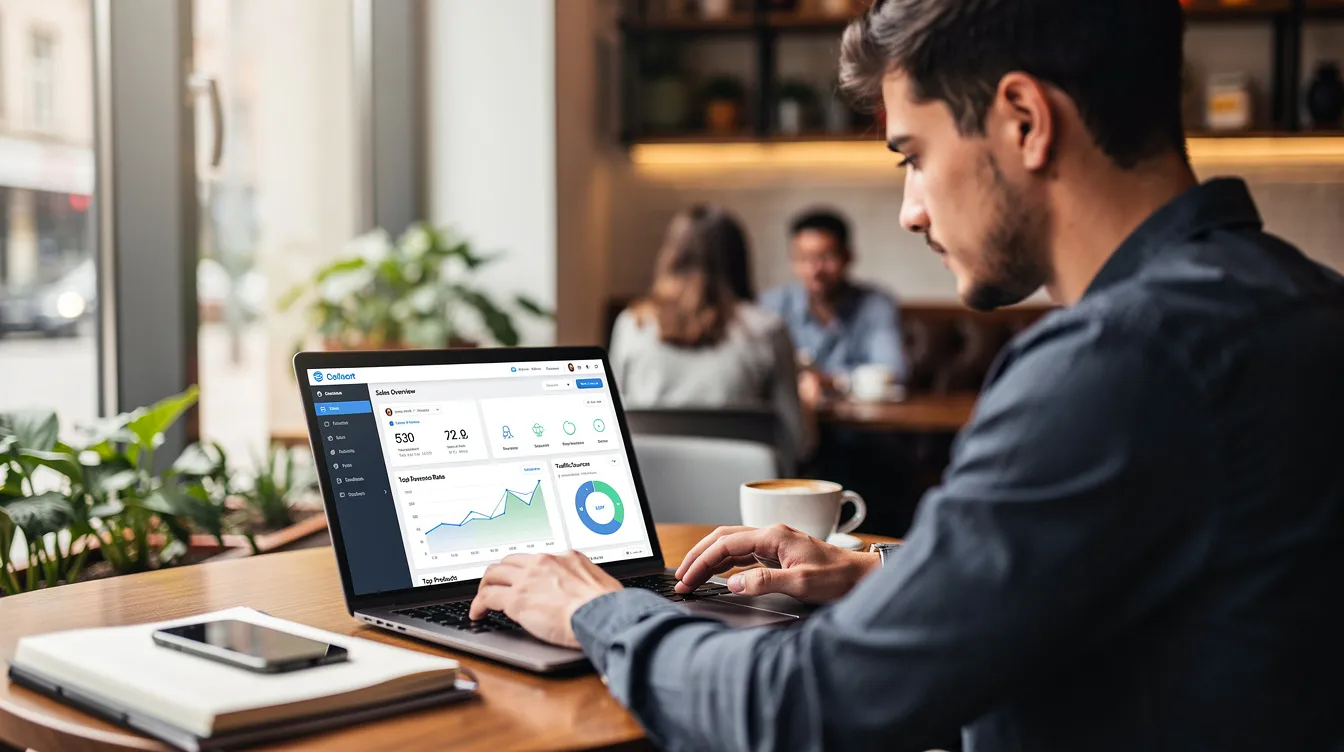 A focused entrepreneur sits at a cafe, working on a laptop with an eCommerce dashboard displayed, showcasing their online store's sales and product pages. The setting reflects a vibrant atmosphere, ideal for store owners looking to grow their online business with tools like AI store builders and customizable themes.