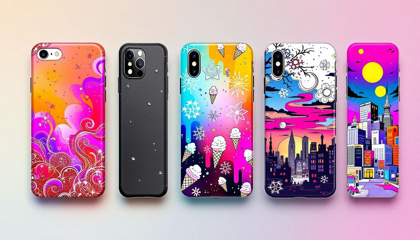 An array of custom phone cases showcasing different styles and designs.