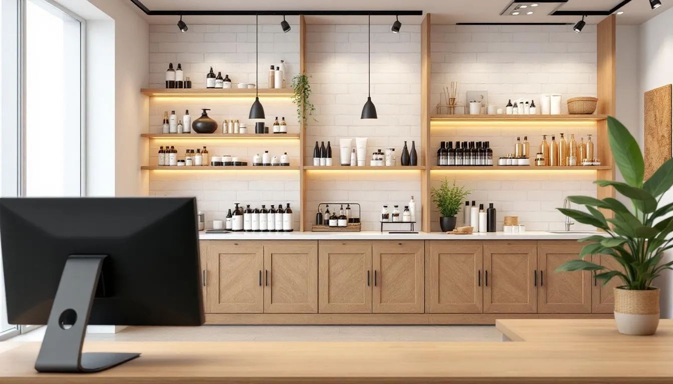 Un moderno salón de belleza presenta un sistema de punto de venta (POS) integrado, donde los productos están organizados de manera eficiente. Este entorno optimiza las ventas y facilita el pago con tarjeta de crédito, mejorando la experiencia del cliente.