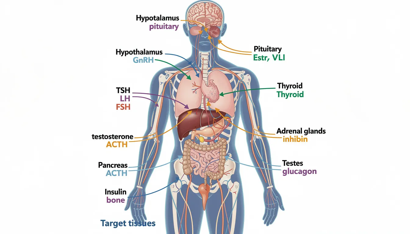The image is a scientific diagram illustrating hormone production pathways in the male body, highlighting how the body naturally produces testosterone and its role in managing stress levels and strengthening the immune system. It includes labels for various hormones and their effects on muscle growth and overall health.