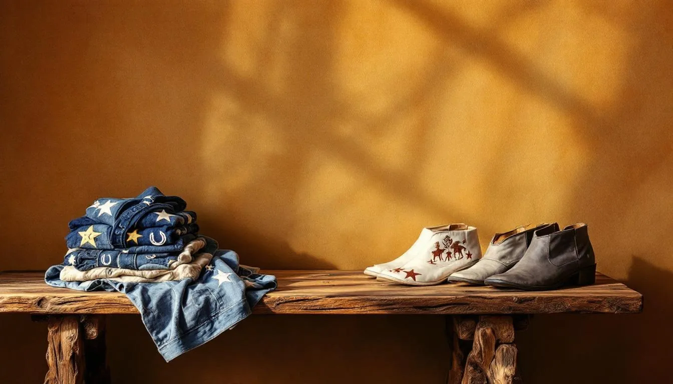 Affordable cowgirl sweatshirts displayed on a table.