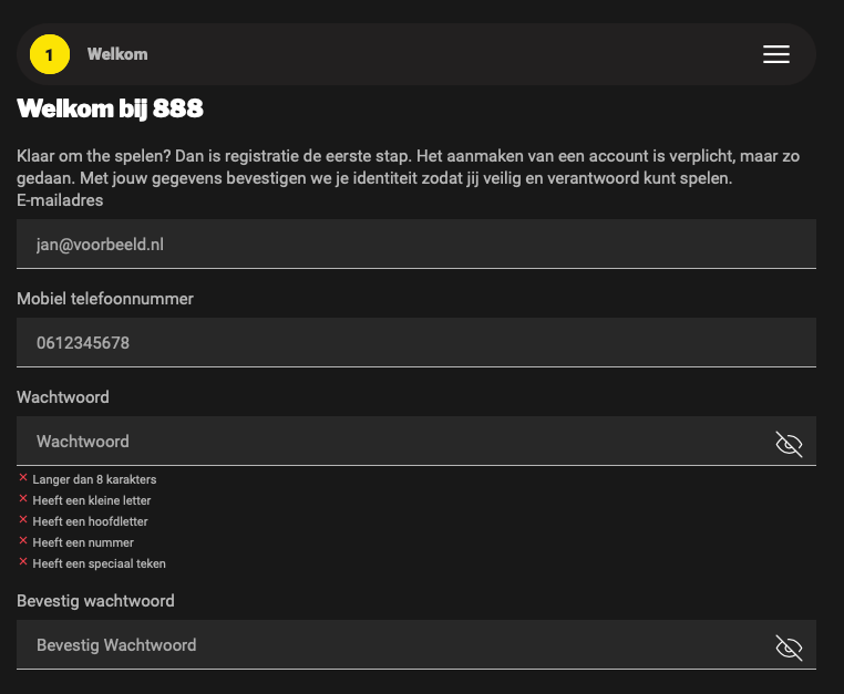 Registratieproces 888 Casino