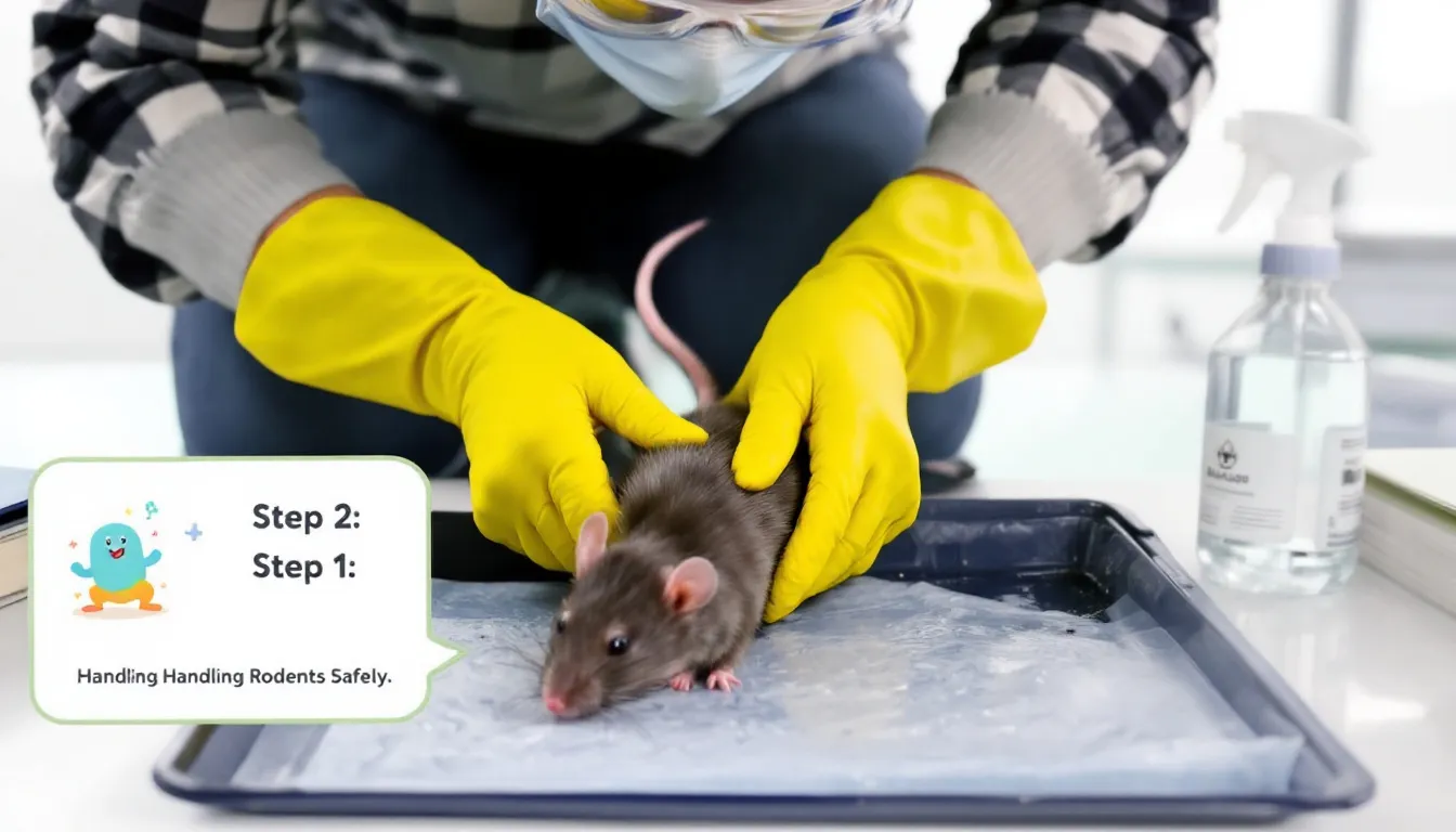 A person handling a dead rodent with proper protective gear.
