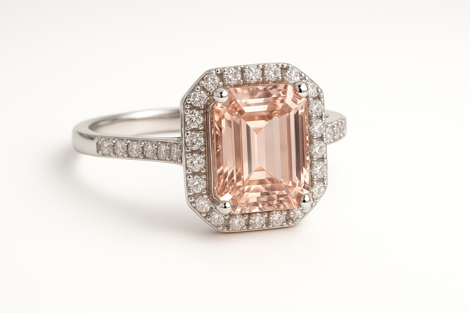 Sužadėtuvių žiedas halo dizaino su smaragdo formos morganitu centre ir smulkiais deimantais aplinkui.