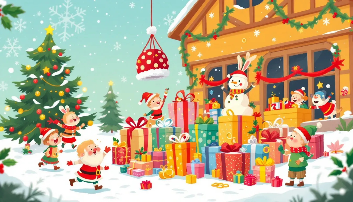 Illustration of gifts received each day during the twelve days of Christmas, including gold rings and other festive items.