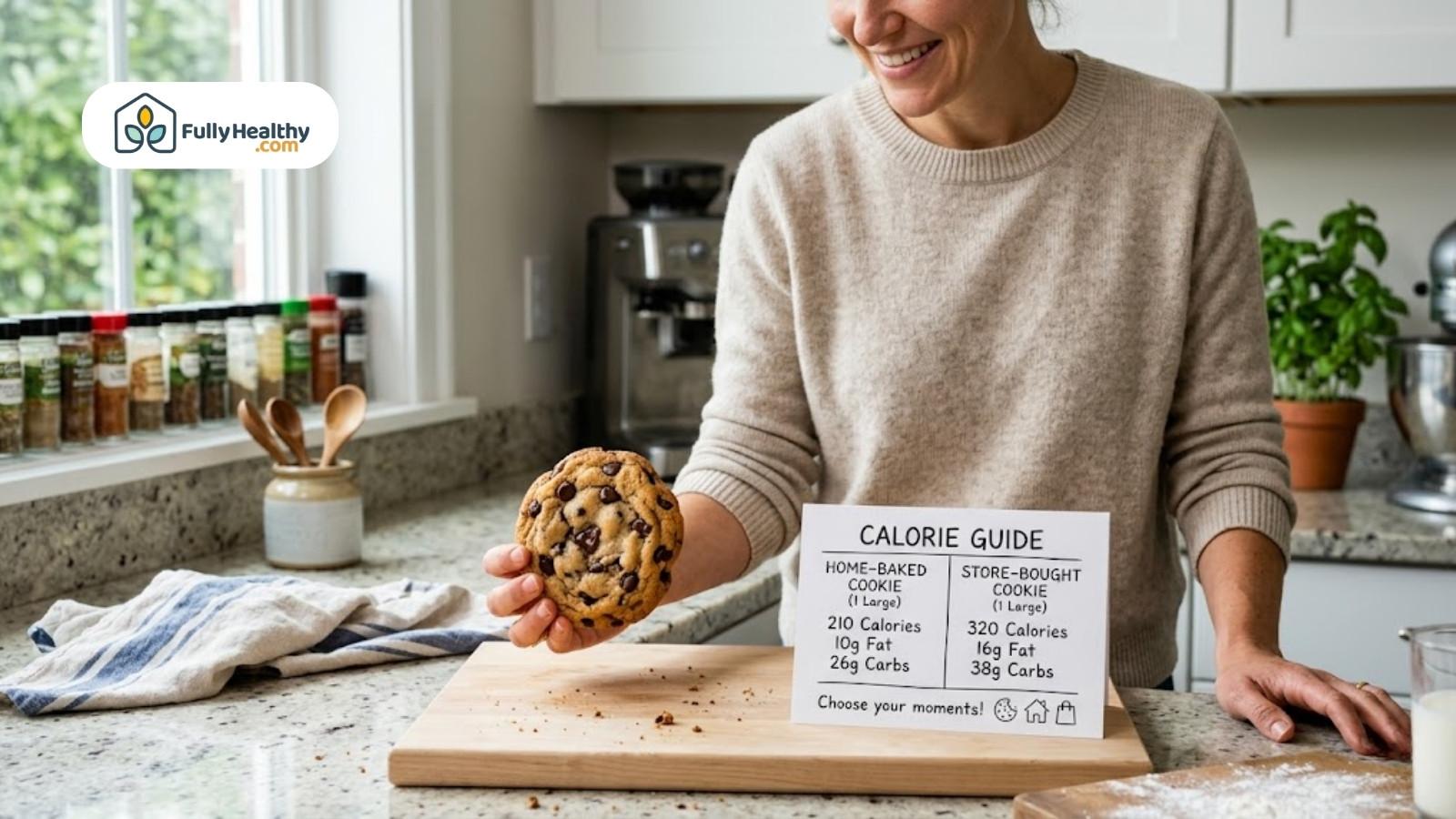 Person holding cookie beside calorie guide comparing homemade and store-bought cookies