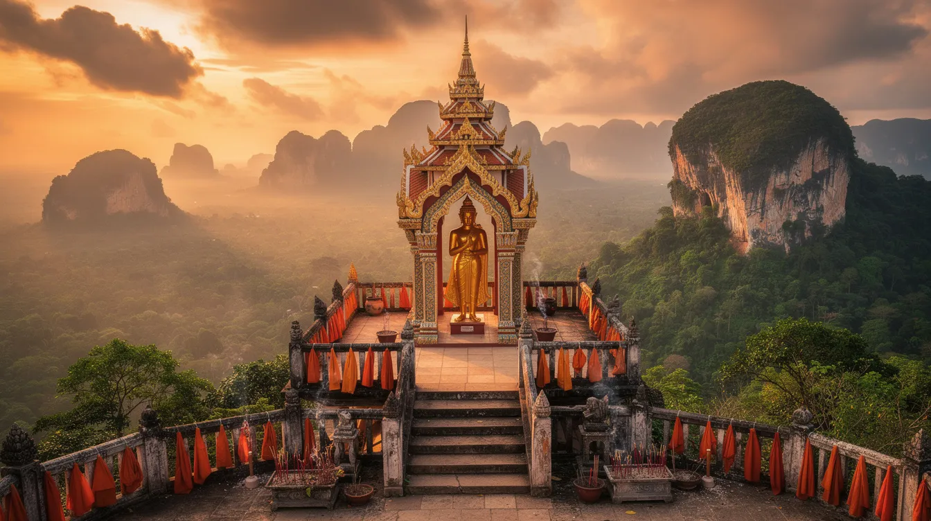 A imagem apresenta a famosa caverna do tigre em Krabi, na Tailândia, destacando suas formações rochosas impressionantes e a vegetação ao redor. Visitantes podem explorar este destino que combina natureza e tranquilidade, proporcionando uma experiência única em meio ao clima tropical do país.