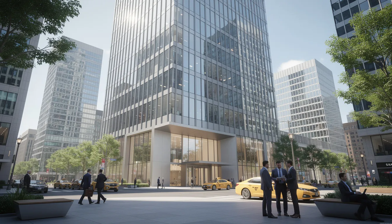 The image depicts a modern corporate office building with sleek glass facades, situated in a bustling business district filled with other high-rise structures. This contemporary architecture symbolizes the financial security and stability that key person insurance can provide to business owners, ensuring continuity and protection against the loss of essential employees.