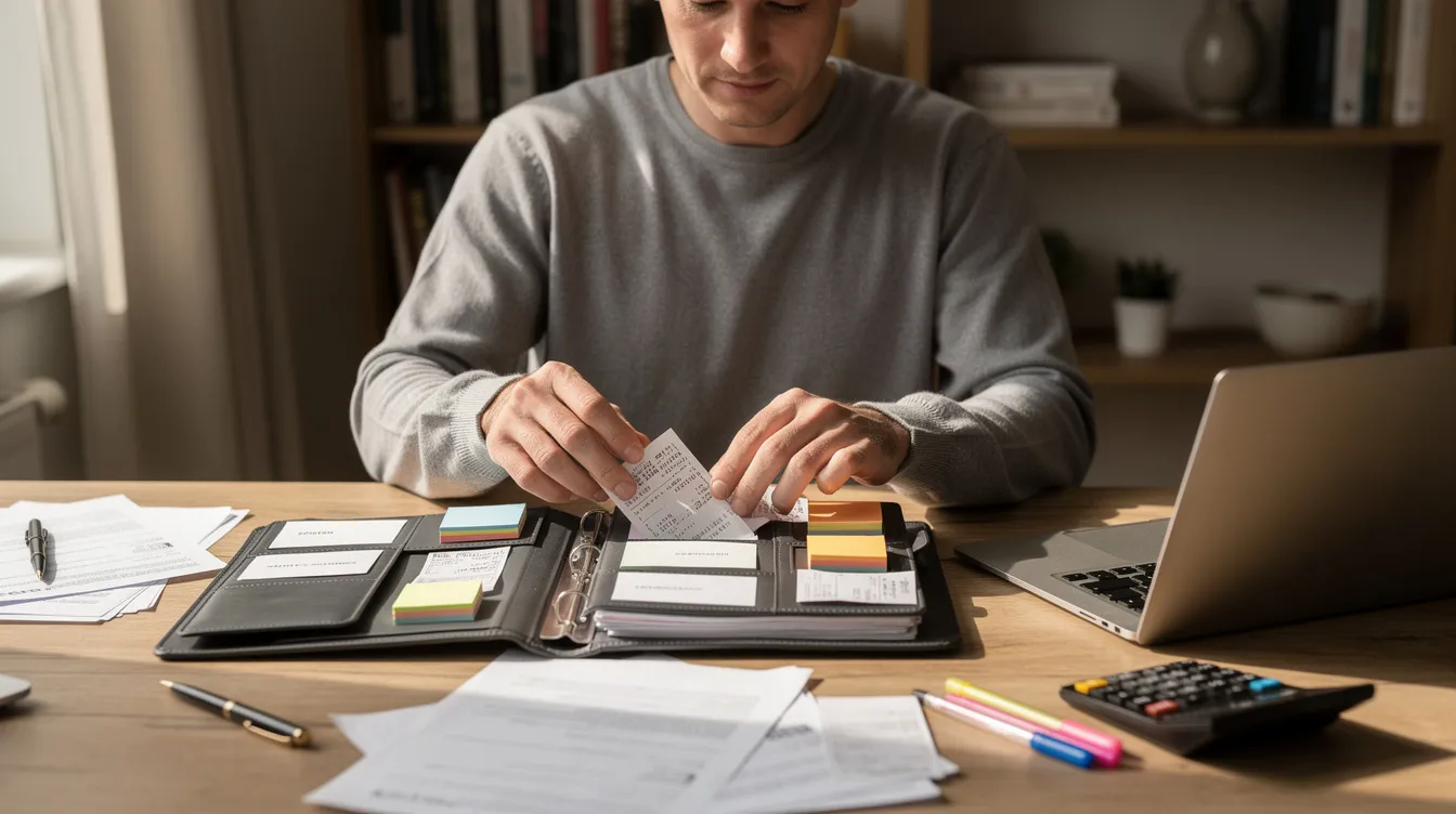 A person is meticulously organizing various documents and receipts, such as utility bills and bank details, in a folder on their desk, which is essential for the mudra loan application process. This careful arrangement aids in verifying repayment capacity and ensuring all necessary paperwork is ready for submission.