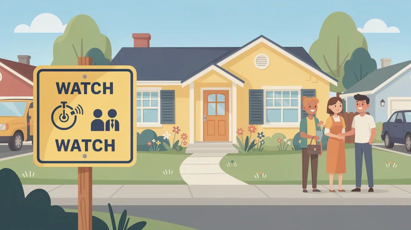 A neighborhood watch sign placed in front of a house, symbolizing community safety.