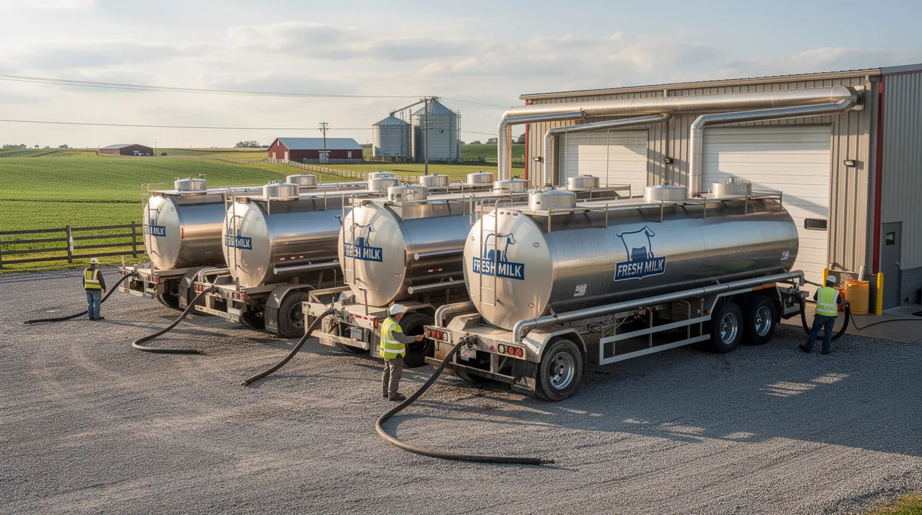The image depicts a row of large milk tanker trucks parked at a rural dairy collection centre, ready for the raw milk intake essential for the milk powder manufacturing process. This scene highlights the critical role of dairy processing in the milk powder industry, showcasing the logistical aspect of milk procurement and transportation.