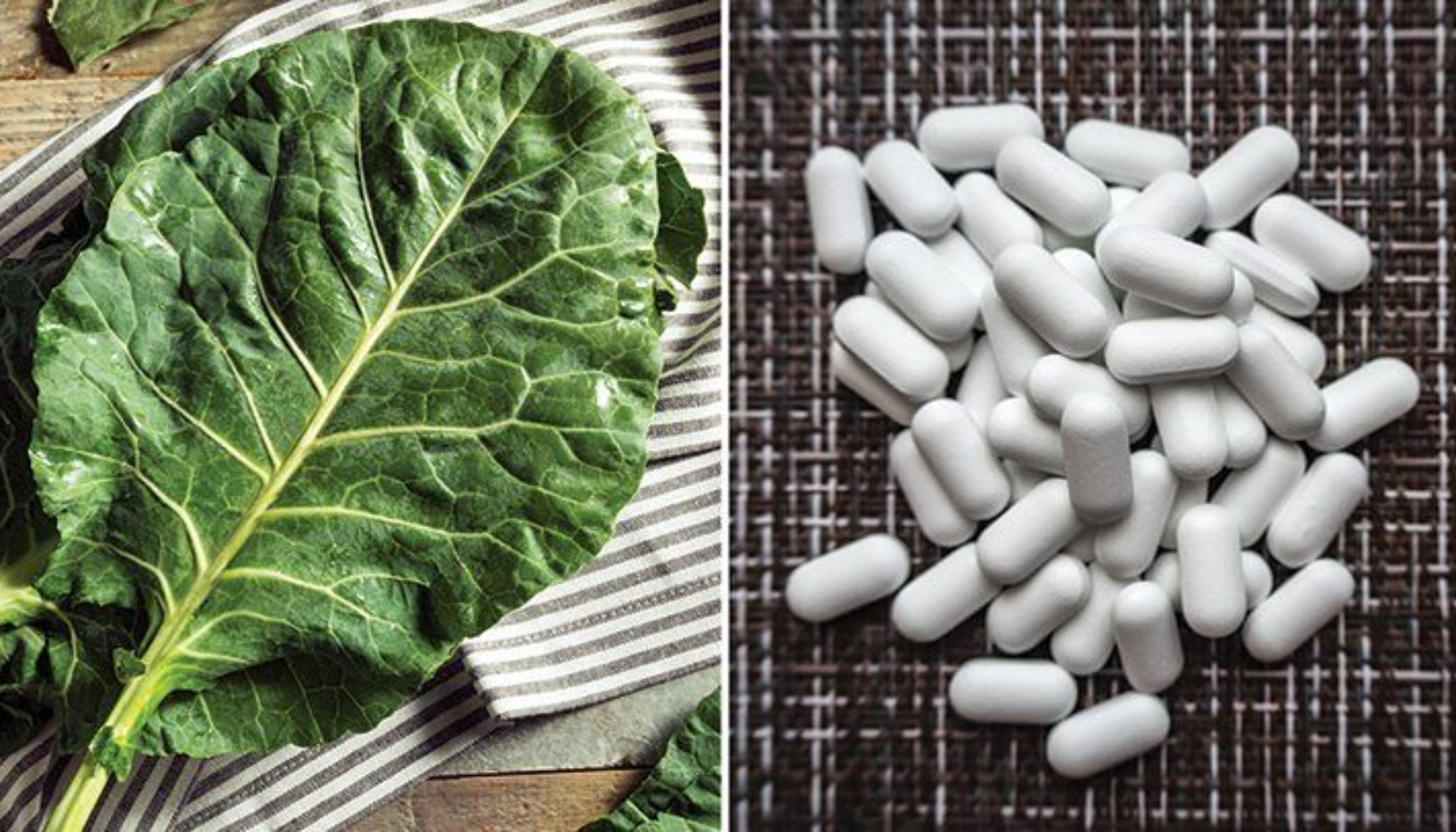 Grønn bladgrønnsak til venstre og en haug med hvite kosttilskuddstabletter til høyre, som illustrerer ulike kilder til næringsstoffer.