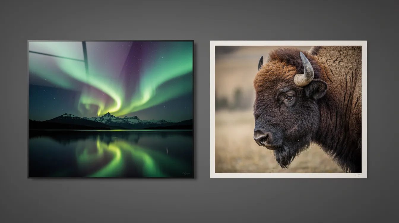 The image showcases a side-by-side comparison of a vivid aurora landscape printed on glossy metal, highlighting its vibrant colors, alongside a detailed bison portrait presented on matte cotton rag paper, emphasizing texture and depth. This display illustrates the exceptional quality of photo prints available through online photo printing services.