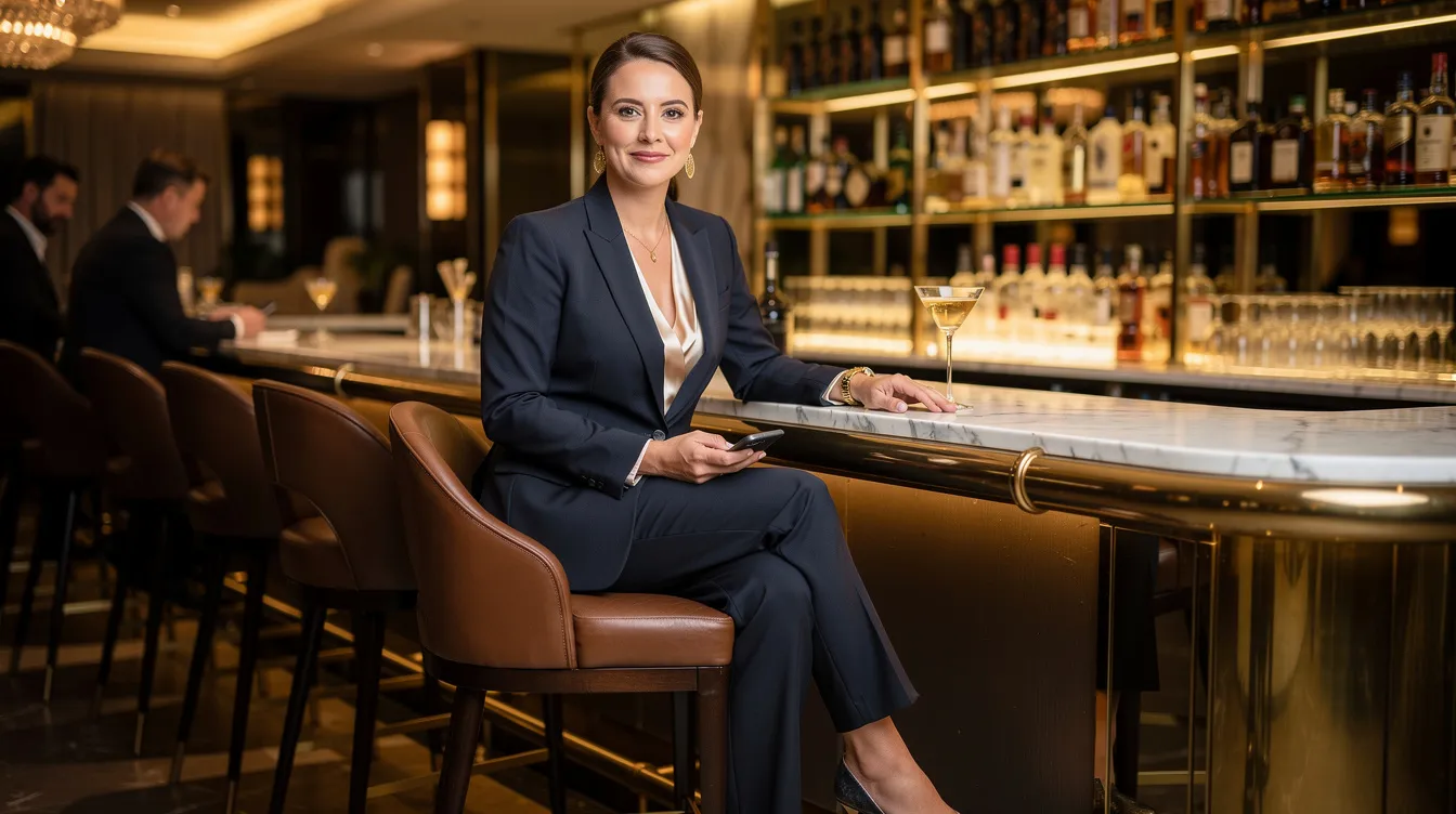 A high-value woman dressed in a professional outfit sits confidently at the bar of a high-end restaurant, embodying traits of self-respect and self-esteem. Her presence reflects personal growth and a commitment to cultivating healthy relationships, showcasing the essence of a fulfilled and empowered life.