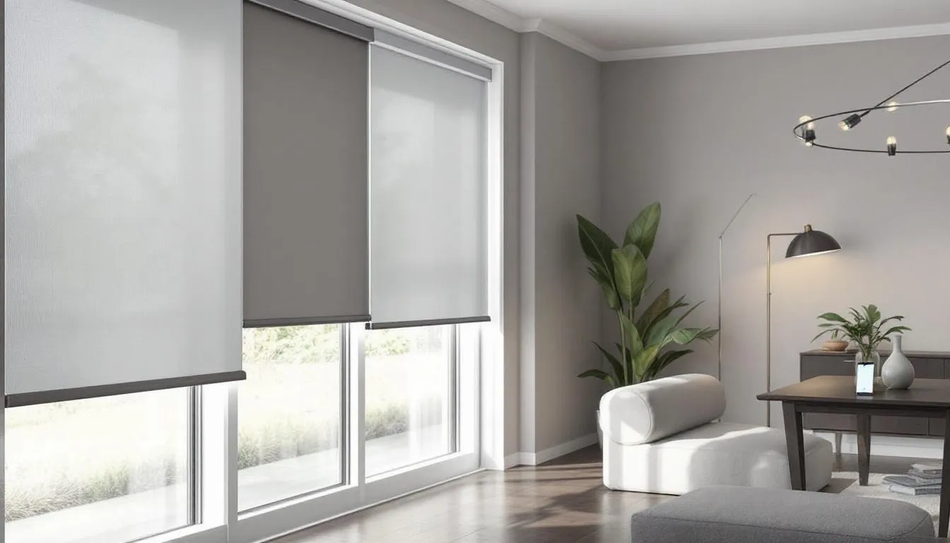 In this modern home interior, sleek motorized roller shades are elegantly installed on the windows, allowing for easy control via a smartphone. The shades provide effective UV protection and light filtering, enhancing the room's comfort while maintaining a stylish aesthetic.