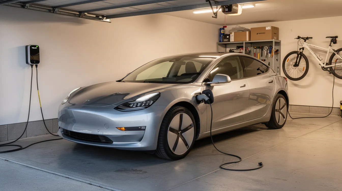 A modern electric vehicle is plugged into a home charging station inside a garage, showcasing advancements in energy efficiency and sustainability. This image reflects the growing trend of electric vehicles, which contribute to reducing greenhouse gas emissions and align with environmental sustainability goals.