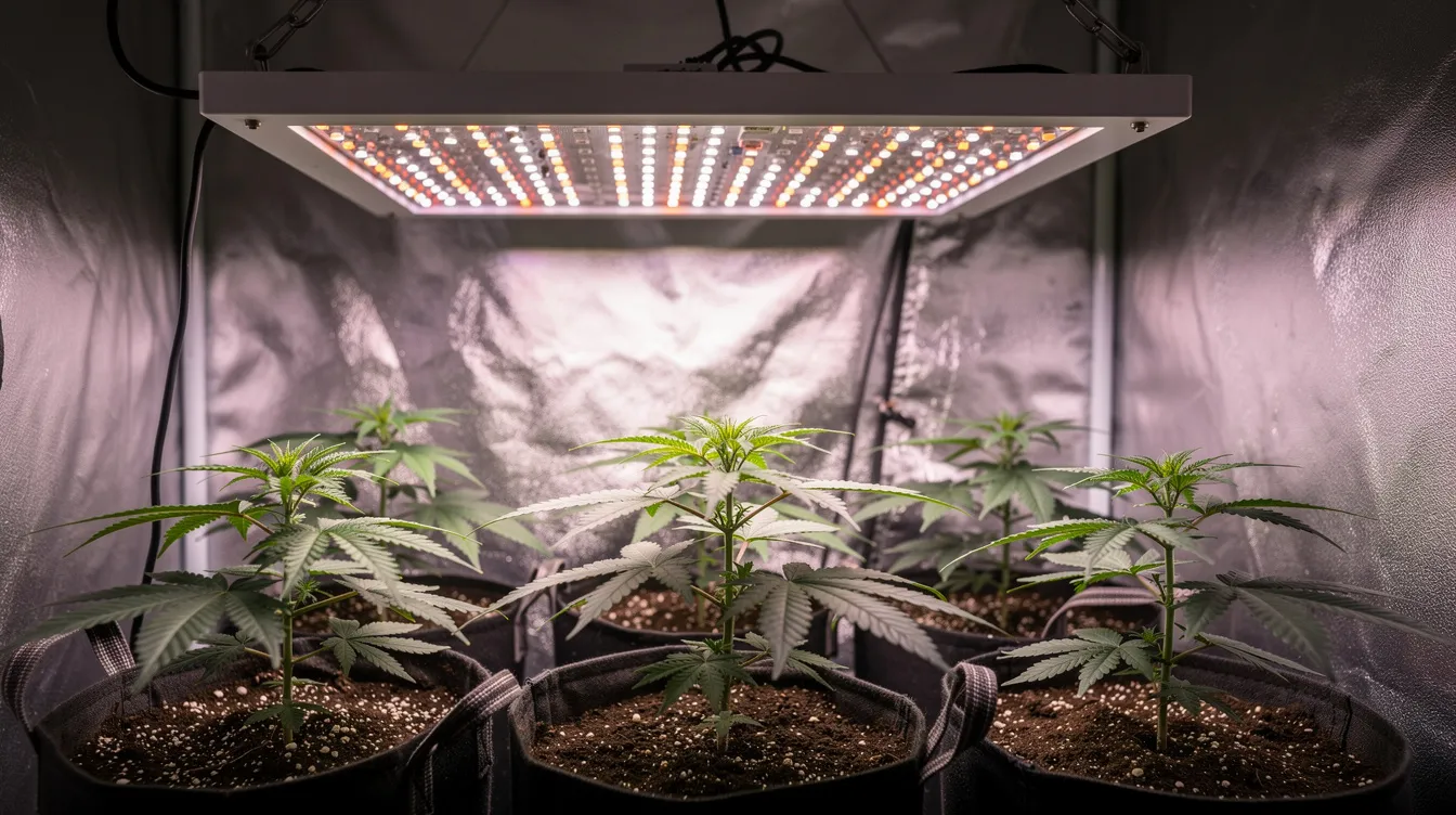 A compact LED panel is suspended inside a small grow tent, providing full spectrum light to the young cannabis plants below, promoting healthier growth and optimal light intensity for their development. The setup is designed for efficient indoor gardening, ensuring the plants thrive from seed to harvest.