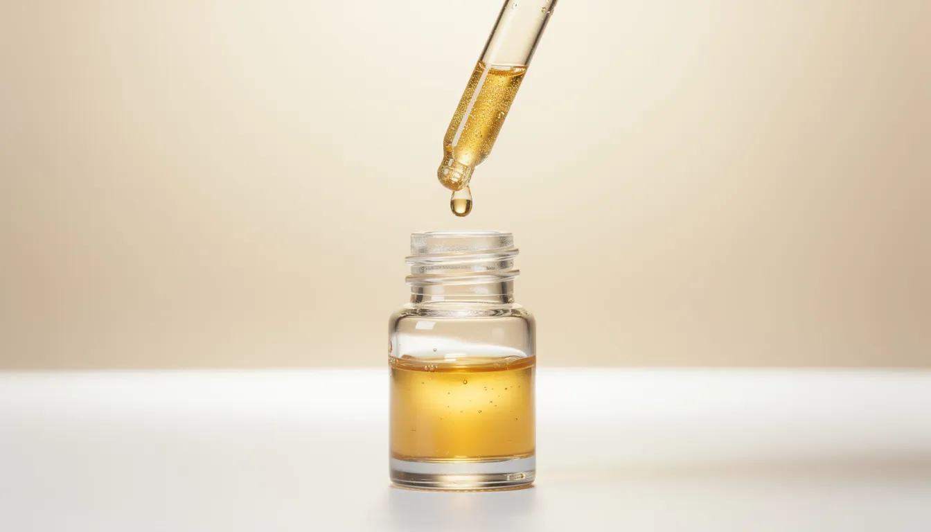 Die Abbildung zeigt eine Pipette, die goldenes CBD Öl über einer kleinen Flasche hält. Dieses Öl wird oft als Wundermittel für Hunde und andere Haustiere angesehen und kann zur Unterstützung des Wohlbefindens eingesetzt werden.