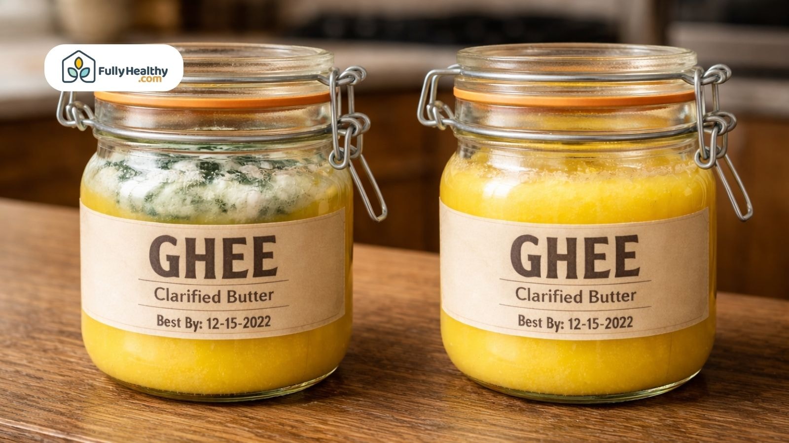 Spoiled ghee with visible mold beside fresh jar comparison
