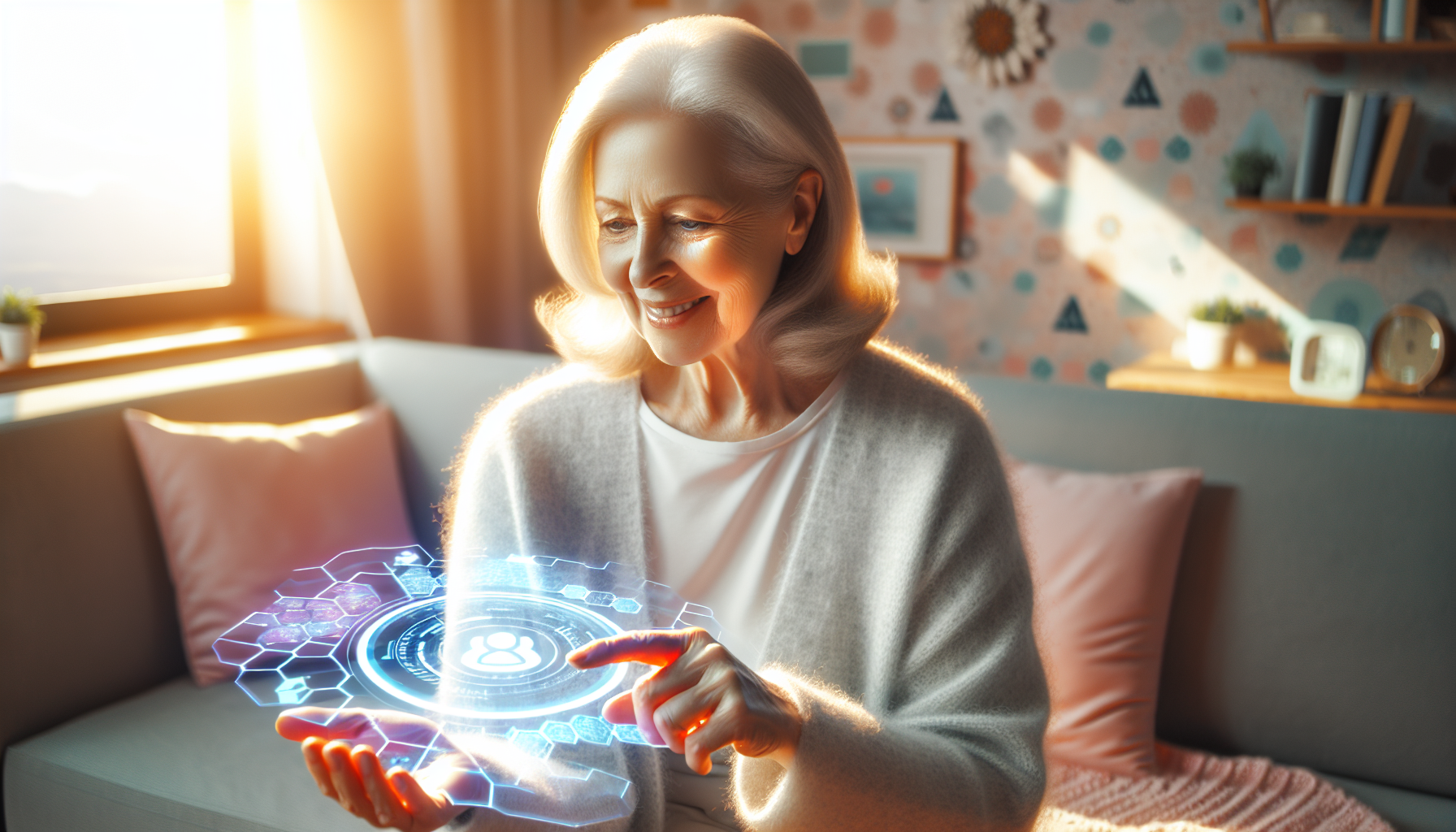 An illustration of an elderly person interacting with an AI companion. Ai for seniors enhancing their lives.