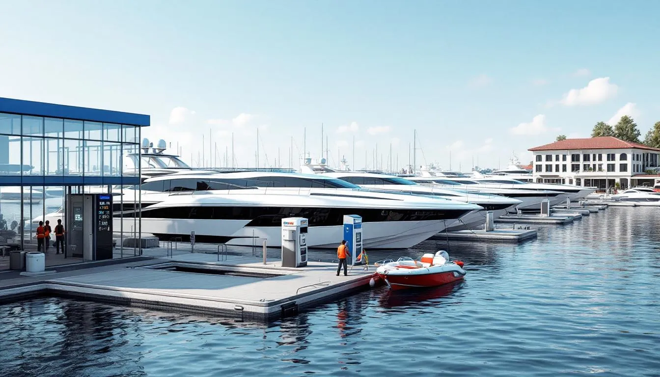 The image shows modern marina facilities in Cape Harbour, Florida, featuring luxury boats docked along floating piers. There is a fuel station and boat services available, set against the backdrop of breathtaking views of Pine Island Sound and the Caloosahatchee River, creating a vibrant yachting community atmosphere.