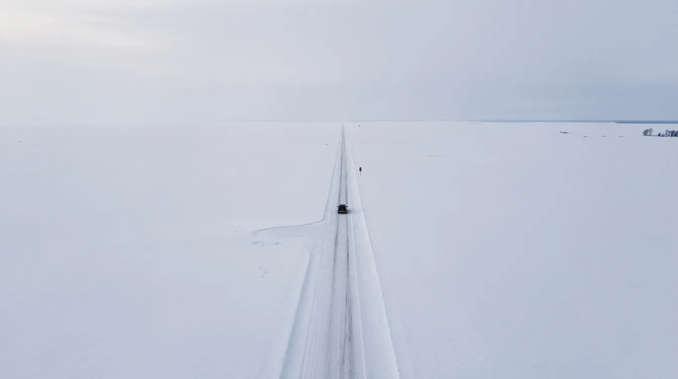 Die Luftaufnahme zeigt eine endlose, verschneite Straße in North Dakota, auf der ein einzelnes Auto einen schmalen Streifen durch die weiße Weite zieht. Umgeben von Schnee und Himmel erinnert die Szene an die melancholische Stimmung des Films "Fargo", der von den Coen-Brüdern geschaffen wurde.