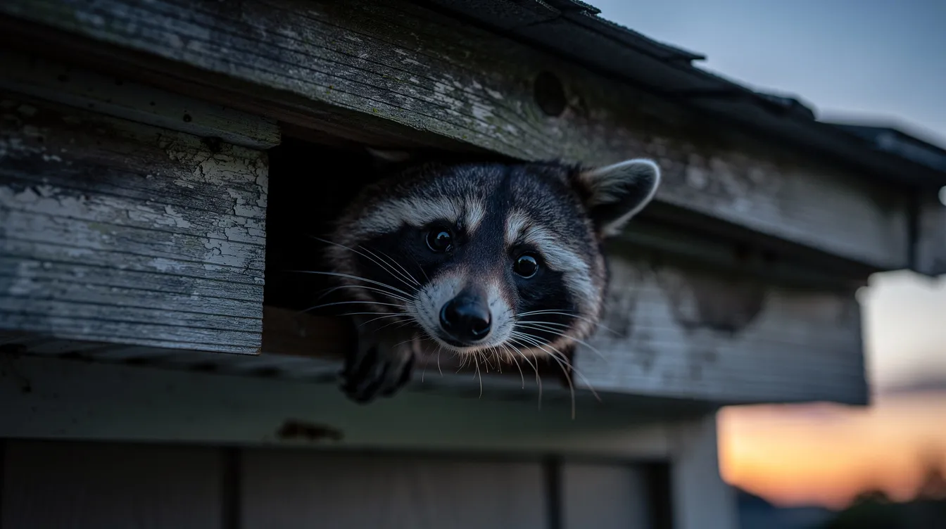 A close-up view of a raccoon peering out from a gap between wooden soffit boards on a residential home at dusk, highlighting the potential entry points that wild animals like raccoons might use to access living spaces. This image serves as a reminder of the importance of humane wildlife removal to prevent unwanted animals from nesting in attics and causing health risks.