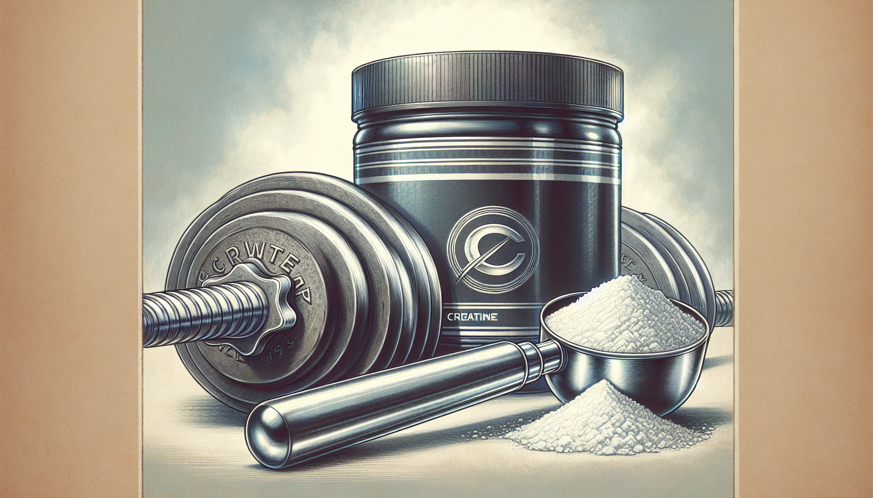 A drawing of a container of creatine powder with a scoop and dumbbells in the background