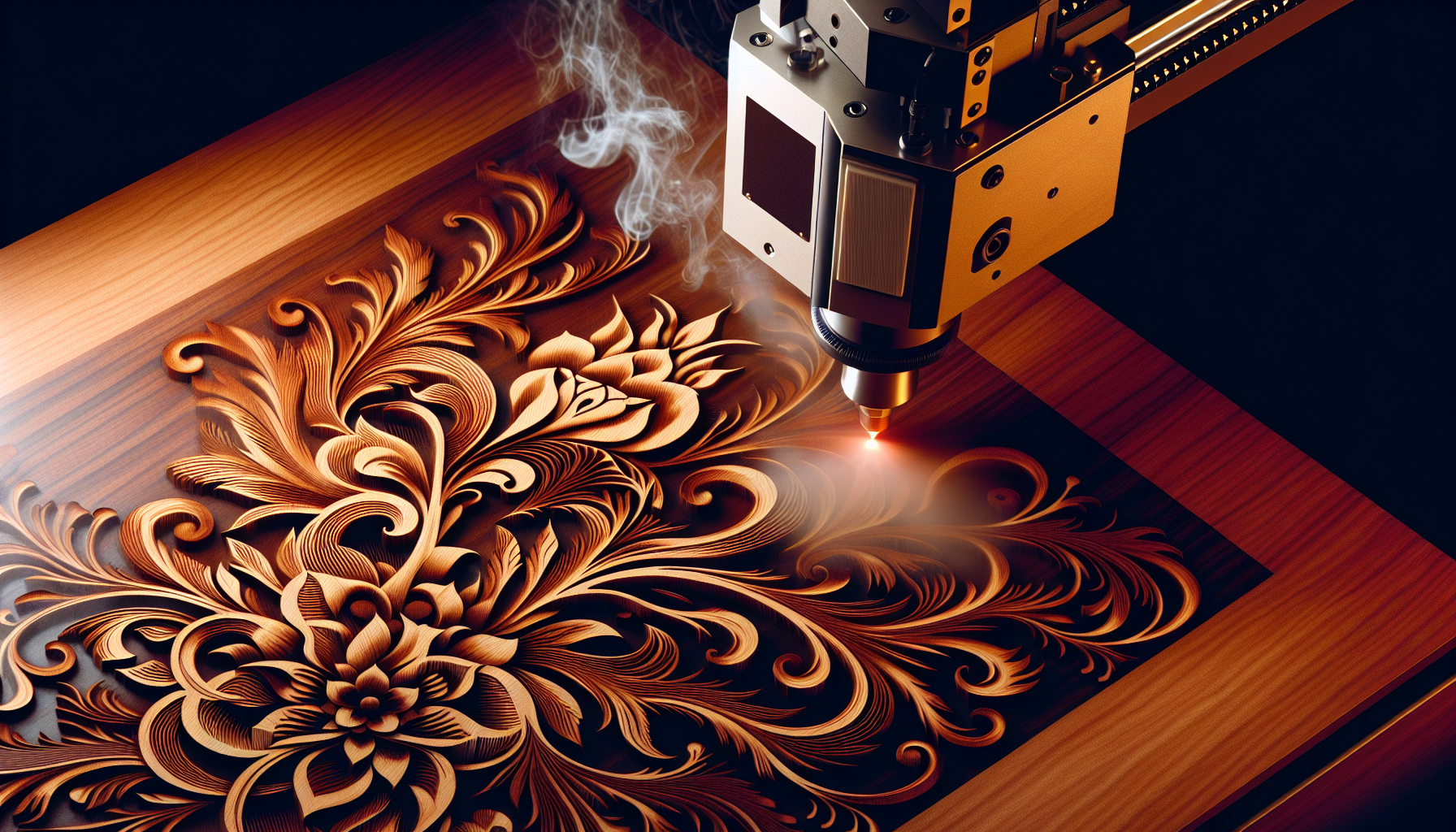 Wood laser engraving machine creating intricate design on a wooden surface