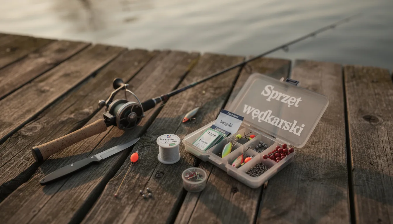 Na pomoście ułożony jest podstawowy sprzęt wędkarski, w tym wędki, kołowrotki oraz różnorodne przynęty, co sugeruje przygotowania do łowienia ryb. W tle słychać szum wody, co potęguje atmosferę wędkarskiego relaksu.