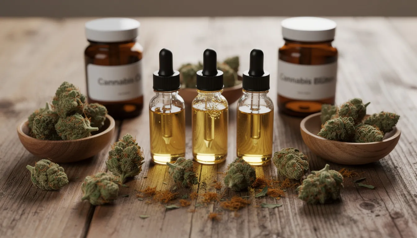 Auf einem Holztisch sind verschiedene Cannabisprodukte wie Öle und Blüten angeordnet, die eine Auswahl an Cannabinoiden bieten. Die ansprechende Präsentation zeigt die Qualität und Vielfalt der Produkte, die für Hautpflege und Entspannung verwendet werden können.