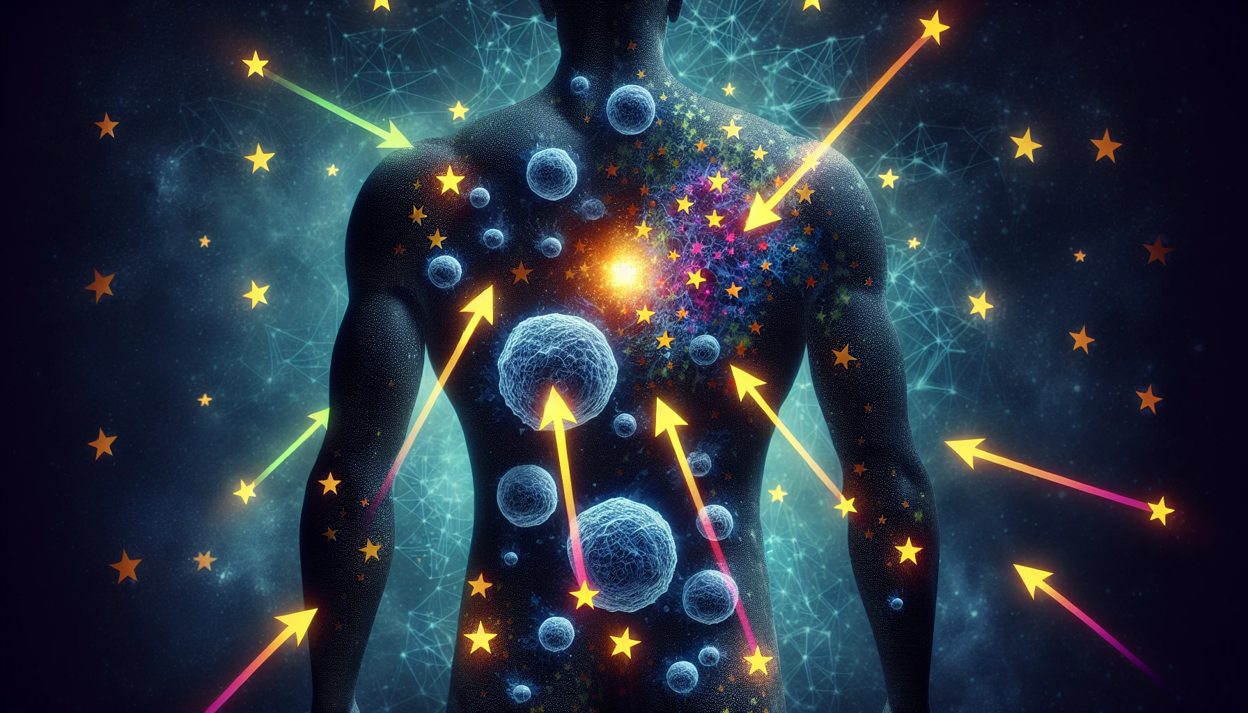 Illustration of cancer cells being targeted by chemotherapy drugs