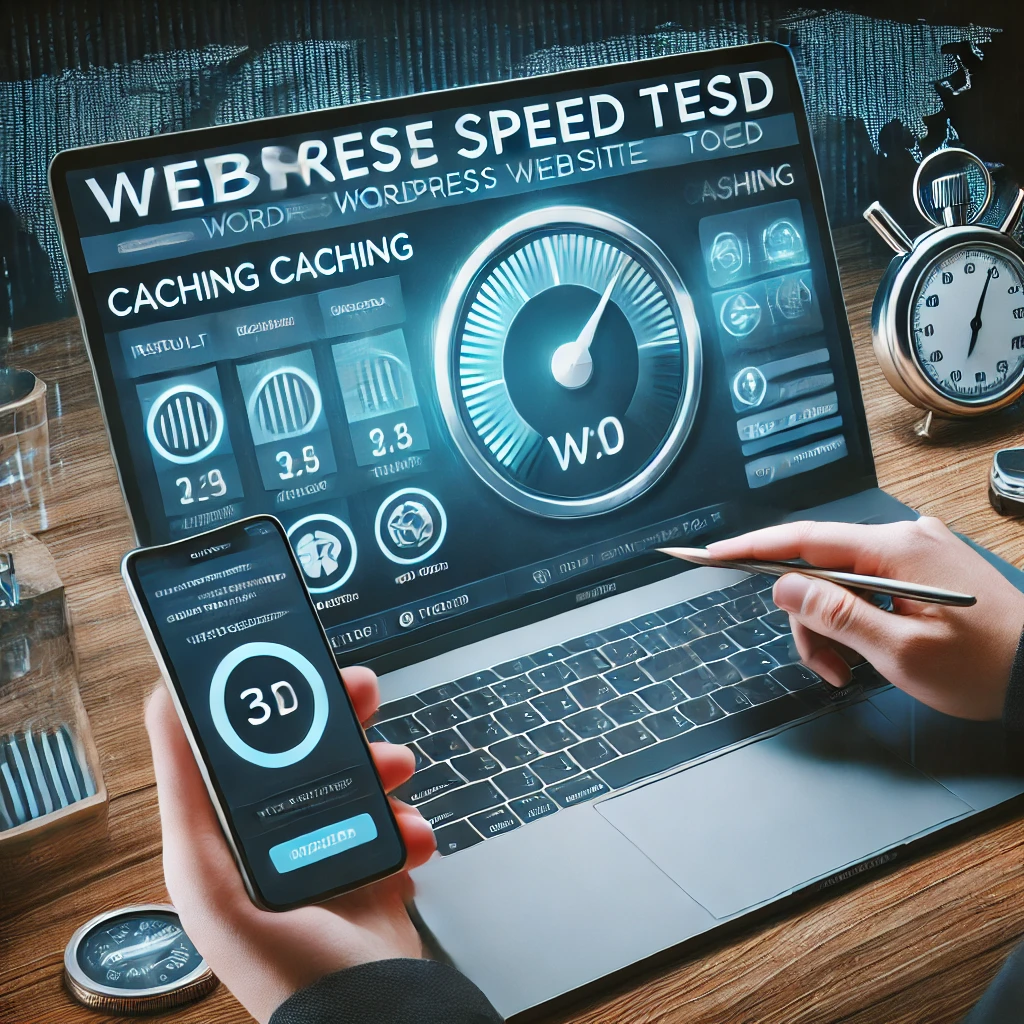 Persona probando la velocidad de un sitio WordPress en laptop y smartphone, con íconos de caché y ubicaciones geográficas. | Posiciona.Digital