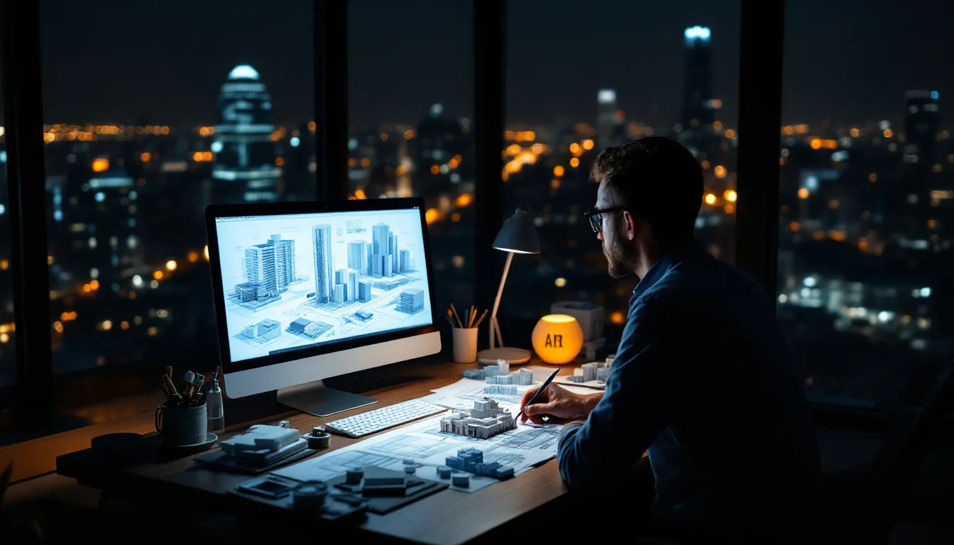 An architect is focused on their work late at night, surrounded by building plans and architectural models, reflecting the challenges and opportunities of their career. This scene captures the dedication and effort required to develop successful structures while navigating the complexities of the architecture business.